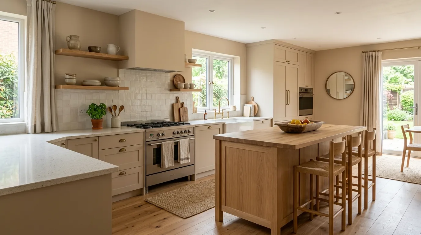 Warm beige kitchen cabinets creating a neutral and calming cookspace.